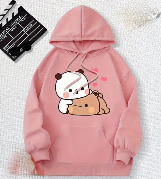 Cozy Love Bears Cartoon Print Fleece-Lined Hoodie for Women