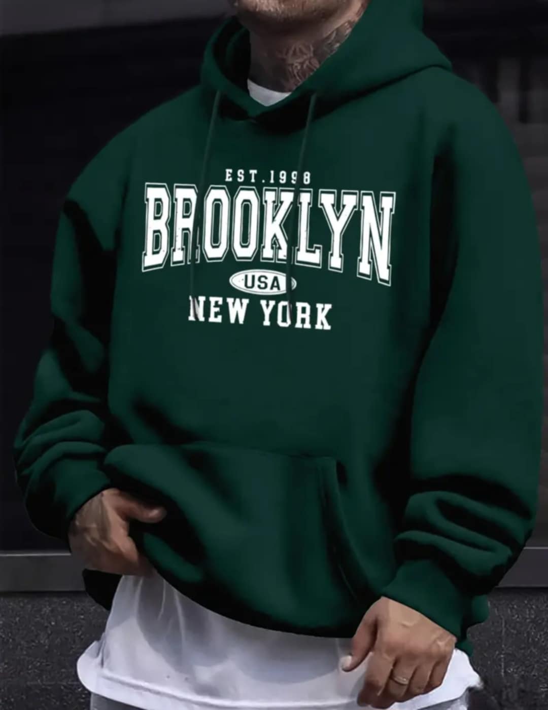 1998 BROOKLYN Graphic Print, Men's Casual Fashion Long Sleeve Crew Neck Hoodie